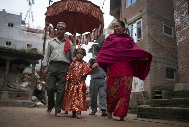 The Kumari priest and his wife escort Jibika Bajracharya, the newly appointed child goddess Kumari, through the streets on October 7, 2016 in Bhaktapur, Nepal. The Bhaktapur Kumari is a living child goddess and is an ancient tradition in Kathmandu Valley as devotees worship the newly appointed child goddess in order to receive blessings from ancestors or deities. As the new Kumari of Bhaktapur, Jibika Bajracharya performs her role in public during the 15-day long Dashain festival while spending the rest of the year as a goddess living a normal life with her parents at home until she is replaced at 11 years old. (Photo by Tom Van Cakenberghe/Getty Images)