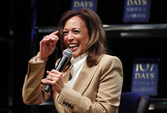 Former U.S. Vice President Kamala Harris speaks at the Wiltern Theatre on September 29, 2025 in Los Angeles, California. Harris is in the midst of a 15-city book tour following the release of her new book “107 Days”, recounting her presidential campaign against President Donald Trump. (Photo by Mario Tama/Getty Images)
