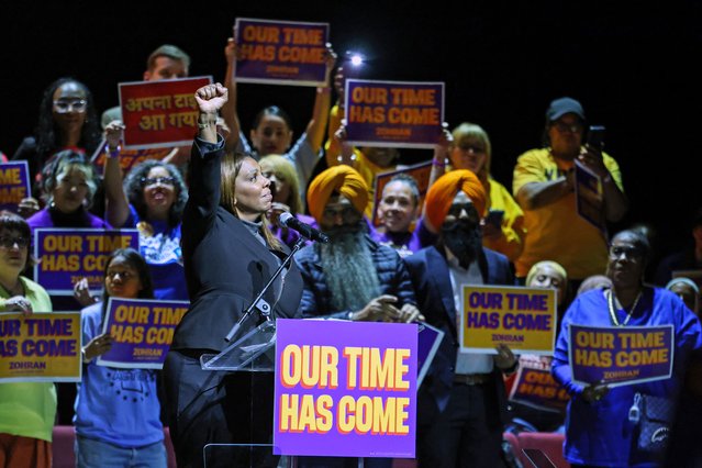 New York Attorney General Letitia James walks on stage during New York City Democratic mayoral candidate Zohran Mamdani's rally in Washington Heights, New York on October 13, 2025. (Photo by Charly Triballeau/AFP Photo)