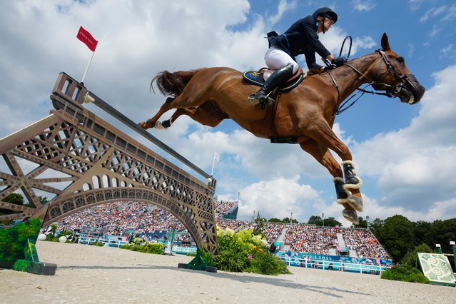 Sweden's Sweden's Henrik von Eckermann, riding King Edward, during the Equestrian Team Jumping finals, at the 2024 Summer Olympics, Friday, August 2, 2024, in Versailles, France. (Photo by Mosa'ab Elshamy/AP Photo)