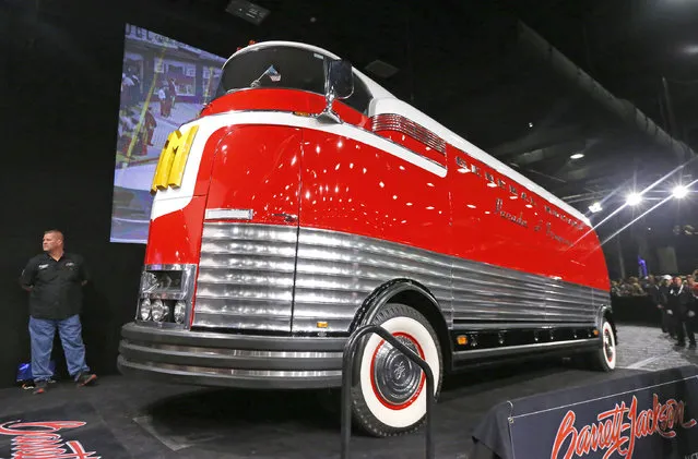 Ron Pratte's General Motors Futurliner  was sold to Rick Hendrick Owner of Hendrick Motorsports for $4,000,000  Saturday, January 17, 2015 at the Barrett-Jackson auction in Scottsdale, Ariz. Proceeds will benefit the Armed Forces Foundation as well as over $600,000 that was raised in donations. (Photo by David Kadlubowski/AP Photo/The Arizona Republic)