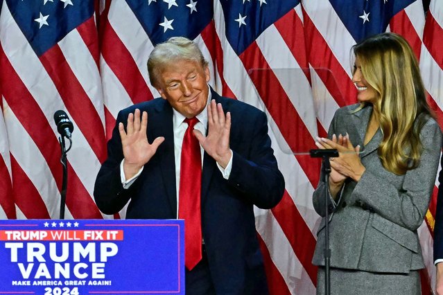 Former US President and Republican presidential candidate Donald Trump gestures after speaking during an election night event at the West Palm Beach Convention Center in West Palm Beach, Florida, on November 6, 2024. Republican former president Donald Trump closed in on a new term in the White House early November 6, 2024, just needing a handful of electoral votes to defeat Democratic Vice President Kamala Harris. (Photo by Jim Watson/AFP Photo)