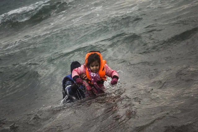 A man carries a child as they try to reach a shore after falling into the sea while disembarking from a dinghy on which they crossed a part of the Aegean sea with other refugees and migrants, from Turkey to the Greek island of Lesbos, on Sunday, January 3, 2016. More than a million people reached Europe in 2015 in the continent's largest refugee influx since the end of World War II. (Photo by Santi Palacios/AP Photo)