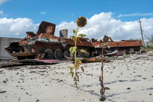 Destroyed military vehicles and equipment are seen in the village of Husarivka, not far from the city of Balakliya, Kharkiv region, on September 18, 2022, recently recaptured by the Ukrainian army following the retreat of Russian troops. (Photo by Sergey Bobok/AFP Photo)