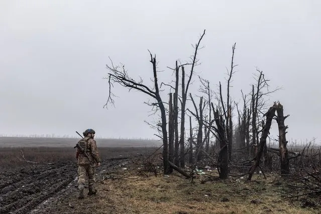 Ukrainian soldier on his way to his fighting position in the direction of Velyka Novosilka as Russia-Ukraine war continues in Donetsk Oblast, Ukraine on February 10, 2024. (Photo by Diego Herrera Carcedo/Anadolu via Getty Images)