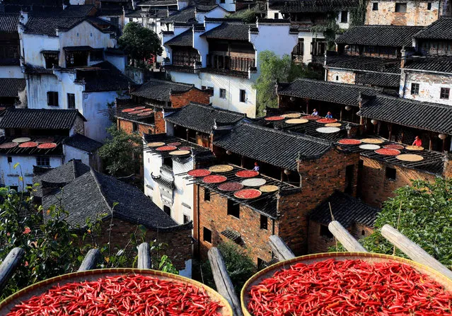 Villagers air red chili peppers, corns, pumpkins and other crops on wooden shelves one day before Liqiu at Huangling village on August 7, 2019 in Shangrao, Jiangxi Province of China. Liqiu, the 13th solar term of the Chinese lunar calendar, begins on August 8 this year and signifies the start of autumn. (Photo by Shi Guangde/VCG)