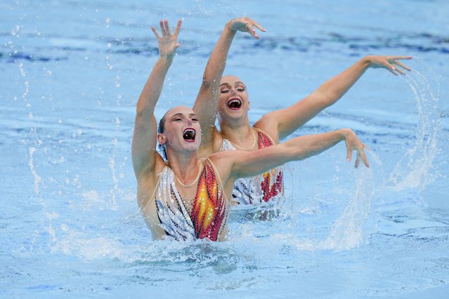 Britain's Isabelle Thorpe and Kate Shortman compete during duet free final event at the European Aquatics Championships in Belgrade, Serbia, Wednesday, June 12, 2024. (Photo by Darko Bandic/AP Photo)