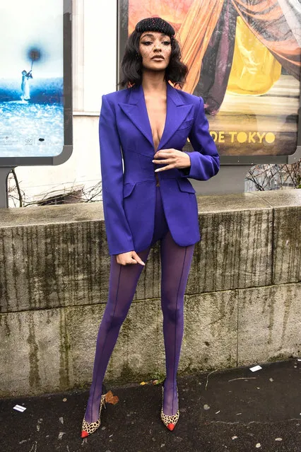 Newly-engaged Jourdan Dunn takes the plunge in purple blazer and s*xy stockings as she arrives at Mugler's Paris Fashion Week show in Paris, France on February 26, 2020. (Photo by Backgrid USA)