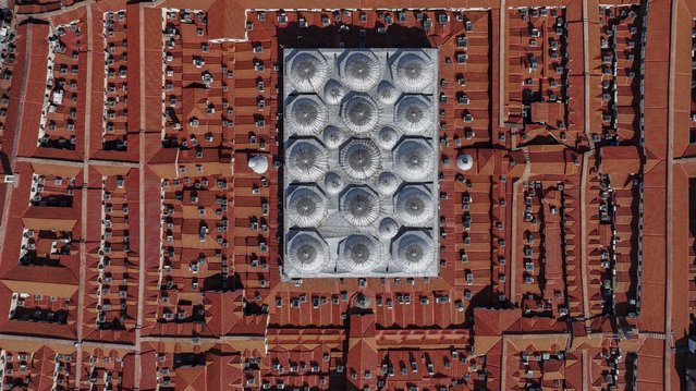 An aerial view of the Grand bazaar in Eminonu district of Istanbul, Turkiye on September 18, 2024. In the Grand Bazaar, one of the largest and oldest covered bazaars in the world, tours organized to explore Istanbul from different angles, where children under the age of 15 and adults over 80 are not accepted, attract great interest. Both local and foreign tourists are enabled to discover Istanbul from a different perspective with special tours organized on the renewed roof of the Grand Bazaar, which resembles a giant labyrinth with its architecture, with 3,600 shops, 22 gates and 14 inns in a closed area of approximately 45 thousand square meters. (Photo by Arif Hudaverdi Yaman/Anadolu via Getty Images)