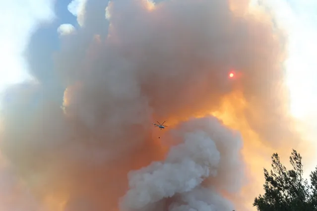 A picture taken on July 13, 2022 shows a firefighting helicopter flying over a wildfire forest which fire broke out in the Datça district of Mugla, Turkey. (Photo by Adem Altan/AFP Photo)