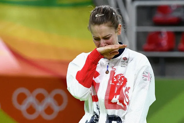 Silver medalist Bryony Page of Great Britain reacts after competing in the Trampoline Gymnastics Women's Final on Day 7 of the Rio 2016 Olympic Games at the Rio Olympic Arena on August 12, 2016 in Rio de Janeiro, Brazil. (Photo by David Ramos/Getty Images)