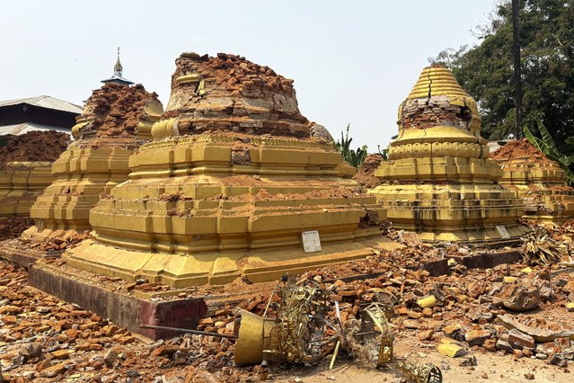 Damaged pagodas are seen after earthquake Friday, March 28, 2025, in Naypyitaw, Myanmar. (Photo by Aung Shine Oo/AP Photo)