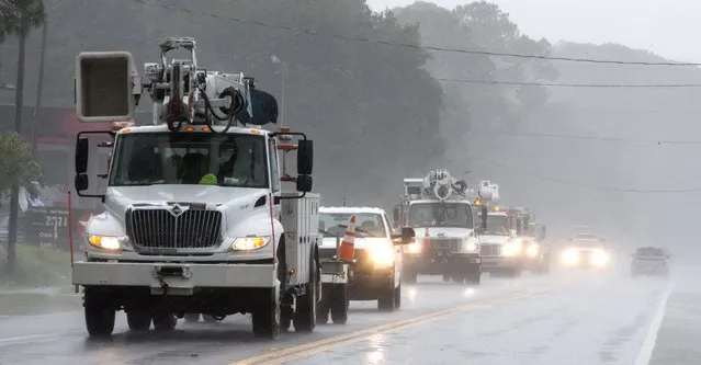 Power crews with Pike Electric in South Carolina arrive on the Florida Gulf coast as Hurricane Hermine approaches on September 1, 2016 in Carrabelle Florida. Hurricane warnings have been issued for parts of Florida's Gulf Coast as Hermine is expected to make landfall as a Category 1 hurricane. (Photo by Mark Wallheiser/Getty Images)