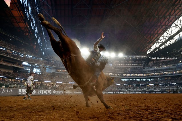 Cody Nance, riding Wing Man, competes in the bull riding event during The American Rodeo by Teton Ridge at Globe Life Field on March 09, 2024 in Arlington, Texas. (Photo by Al Bello/Getty Images for Teton Ridge)
