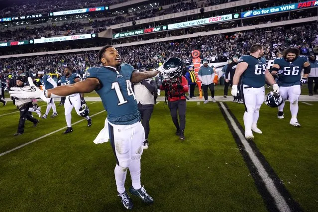 Philadelphia Eagles running back Kenneth Gainwell reacts following an NFL divisional round playoff football game against the New York Giants, Saturday, January 21, 2023, in Philadelphia. The Eagles won 38-7. (Photo by Matt Slocum/AP Photo)