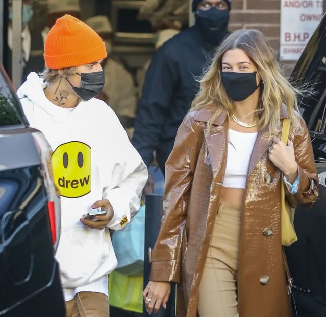 Justin Bieber and Hailey Baldwin wearing croc effect Alexander Wang coat back together after spending some time apart in Hollywoodon thursday November 19, 2020. (Photo by X17/SIPA Press)