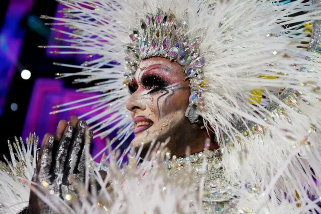 A participant named Drag Vulcano reacts after winning a drag queen competition during carnival festivities in Las Palmas on the Spanish Canary Island of Gran Canaria, Spain on March 19, 2022. (Photo by Borja Suarez/Reuters)
