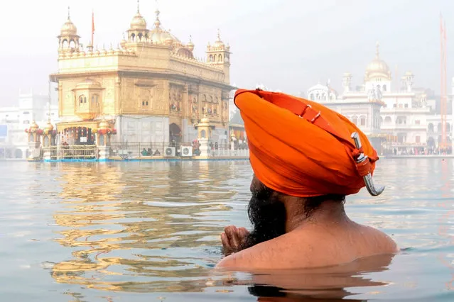A Sikh devotee takes a dip in the holy sarovar (pond) on the occasion of the birth anniversary of the 10th Sikh Guru Gobind Singh at the Golden Temple in Amritsar on January 20, 2021. (Photo by Narinder Nanu/AFP Photo)