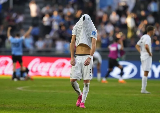 Israel's Dor Turgeman reacts after after losing to Uruguay at the end of a FIFA U-20 World Cup semifinal soccer match at the Diego Maradona stadium in La Plata, Argentina, Thursday, June 8, 2023. (Photo by Natacha Pisarenko/AP Photo)