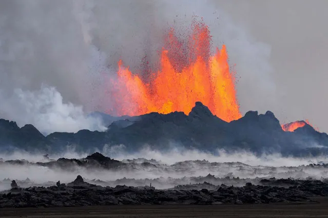 A brave photographer managed to get within metres of an active volcano despite it spewing out lava waves over 140 metres high. Silhouetted against a fiery fountain of red, Icelandic photographer, Tómas Freyr Kristjánsson, 37, braved blistering temperatures to get as close the volcano as possible. (Photo by Tómas Freyr Kristjánsson/Caters News)