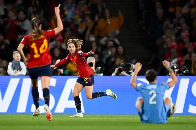 Olga Carmona of Spain celebrates after scoring a goal during the FIFA Women's World Cup 2023 Final soccer match between Spain and England at Stadium Australia in Sydney, Australia, 20 August 2023. (Photo by Dean Lewins/EPA)