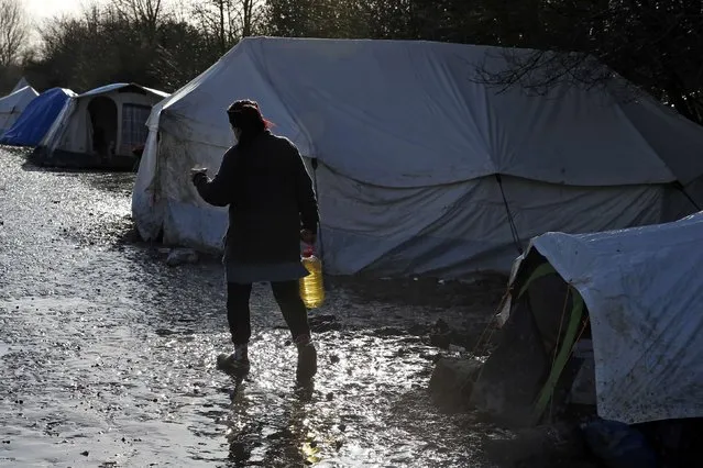 A migrant walks past shelters in a muddy field called the Grande-Synthe jungle, near Dunkirk, northern France, January 12, 2016. (Photo by Benoit Tessier/Reuters)