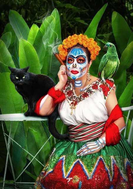 A catrina with a cat and parrot as her pets, inspired by Frida Kahlo's works, an image exhibited at the Consulate of Mexico in Fresno, California on November 1, 2023. (Photo by ZUMA Press Wire/Alamy Live News)