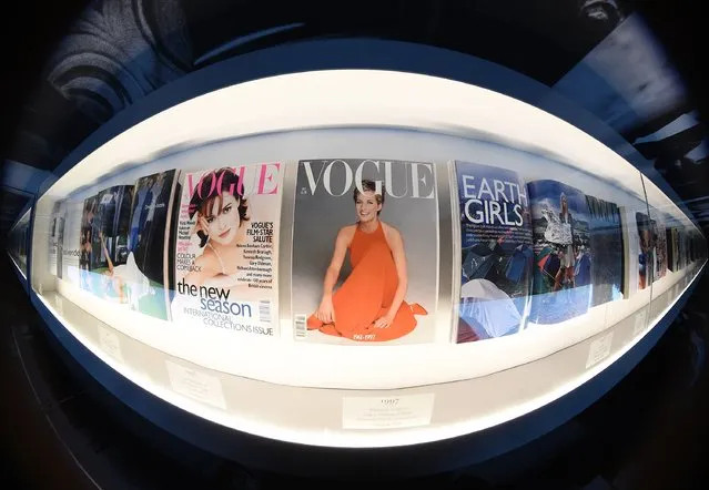 Copies of Vogue are displayed at the press preview for “Vogue 100: A Century of Style” exhibiting the photographs that has been commissioned by British Vogue since it was founded in 1916 at National Portrait Gallery on February 10, 2016 in London, England. (Photo by Stuart C. Wilson/Getty Images)
