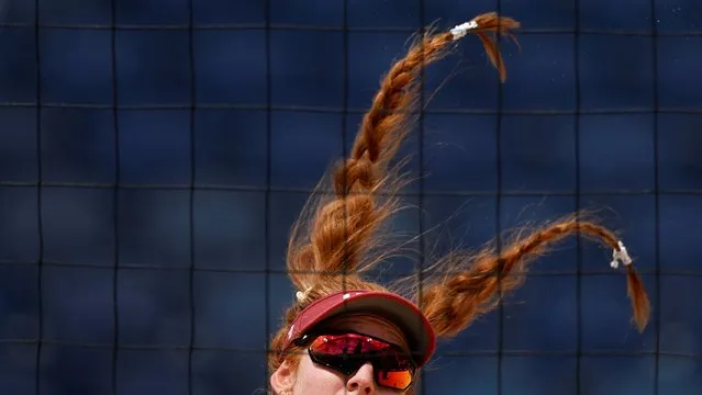 Kelly Claes #1 of Team United States in action against Team Latvia during the Women's Preliminary - Pool D beach volleyball on day three of the Tokyo 2020 Olympic Games at Shiokaze Park on July 26, 2021 in Tokyo, Japan. (Photo by John Sibley/Reuters)