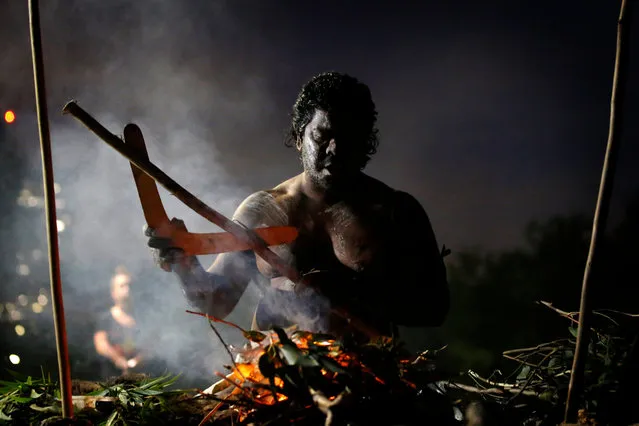 Jida Gulpilil a Yorta Yorta Dhudhuroa man performs a smoking ceremony at a dawn service to commemorate all Sovereign First Peoples who defended and died in the Frontier Wars and massacres across Australia. Australia Day, formerly known as Foundation Day, is the official national day of Australia and is celebrated annually on January 26 to commemorate the arrival of the First Fleet to Sydney in 1788. Indigenous Australians refer to the day as “Invasion Day” and there is growing support to change the date to one which can be celebrated by all Australians. (Photo by Darrian Traynor/Getty Images)