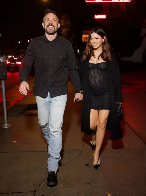 Pregnant American actress Jenna Dewan shows off her baby bump in a sheer dress during an outing with her husband, Steve Kazee arriving to Bacari in Sherman Oaks on January 22, 2024. (Photo by Splash News and Pictures)