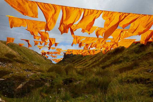 Monumental landscape artwork “Hush” by installation artist Steve Messam hangs in the moors of Teesdale on July 18, 2019 in Barnard Castle, England. The outdoor installation is inspired by the geology, mining history and landscape of the area. It hangs over Bales Hush, a deep gauge in the terrain created when miners flushed the area with water to reveal the geological riches below. Hundreds of metres of recyclable saffron yellow fabric blow in the wind. (Photo by Christopher Thomond/The Guardian)