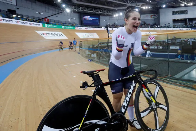 Germany' s Kristina Vogel reacts after winning the women' s keirin final at the Hong Kong Velodrome during the Track Cycling World Championships in Hong Kong on April 16, 2017. (Photo by Bobby Yip/Reuters)