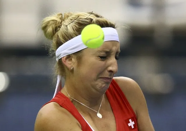 Timea Bacsinszky of Switzerland turns away from the ball during her match against Aryna Sabalenka of Belarus during the semi- finals of the Fed Cup tennis competition between Belarus and Switzerland in Minsk on April 22, 2017. (Photo by Vasily Fedosenko/Reuters)