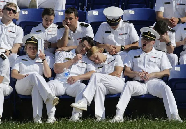 U.S. Naval Academy Midshipmen wait for the Academy's graduation and commissioning ceremony to begin Friday, May 27, 2016, in Annapolis, Md. (Photo by Patrick Semansky/AP Photo)