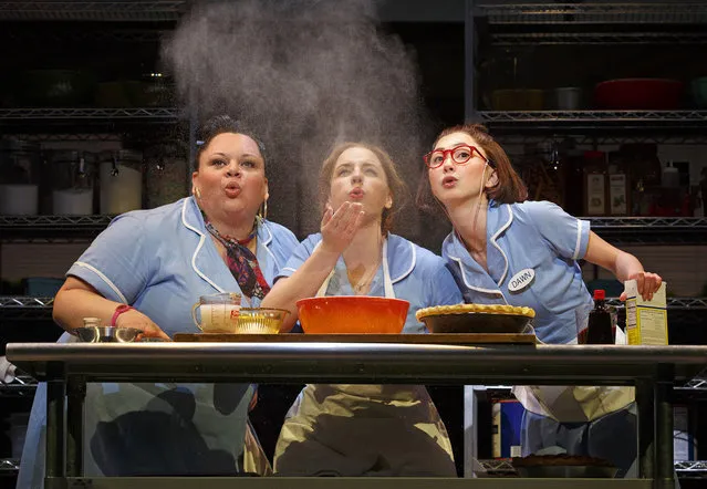 This image released by Boneau/Bryan-Brown shows, Keala Settle, left, Jessie Mueller and Kimiko Glenn, right, during a performance of “Waitress”, at the Brooks Atkinson Theatre in New York. (Photo by Joan Marcus/Boneau/Bryan-Brown via AP Photo)