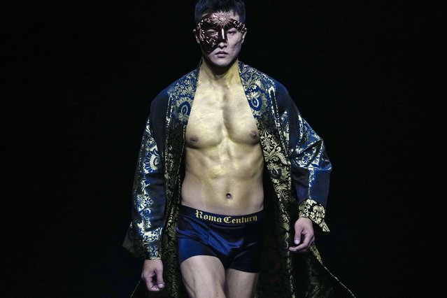 A model showcases a creation by Roma Century during the SS25 China Fashion Week in Beijing, Tuesday, September 10, 2024. (Photo by Andy Wong/AP Photo)