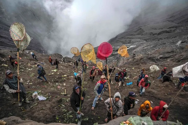 Members of the Tengger sub-ethnic group use nets to catch offerings thrown by other devotees into the crater of the active Mount Bromo volcano as part of the Yadnya Kasada festival in Probolinggo, East Java province on June 16, 2022. (Photo by Juni Kriswanto/AFP Photo)