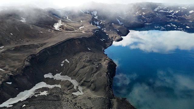 A drone view shows Oskjuvatn, a caldera lake created during the 1875 eruption of the Askja volcano, in Vatnajokull National Park, Iceland, on August 2024. (Photo by Stoyan Nenov/Reuters)