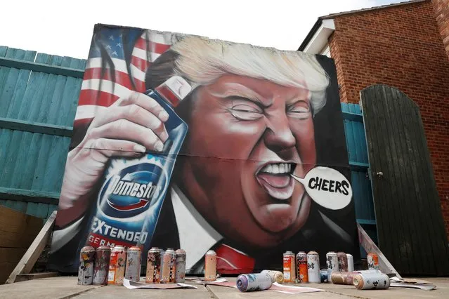A mural of U.S. President Donald Trump holding a bottle of Domestos is seen in the garden of Dave Nash of Gnasher Murals, in Royston, Britain, April 27, 2020. (Photo by Matthew Childs/Reuters)