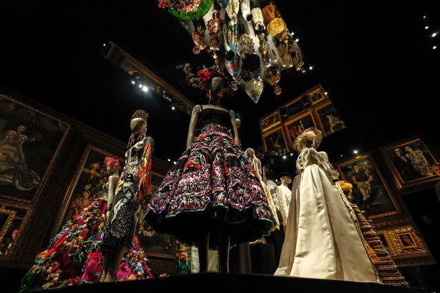 Various dresses are on display during Dolce & Gabbana exhibition at the Grand Palais Museum in Paris, France, 09 January 2025. The “Du Coeur a la Main” exhibition by Dolce & Gabbana will be held in the Grand Palais from 10 January to 31 March 2025. (Photo by Mohammed Badra/EPA)