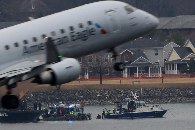 An American Eagle plane departs the Ronald Reagan Washington National Airport, as search and rescue teams work nearby, in the aftermath of the collision of American Eagle flight 5342 and a Black Hawk helicopter that crashed into the Potomac River, in Arlington, Virginia, U.S., January 31, 2025. (Photo by Eduardo Munoz/Reuters)