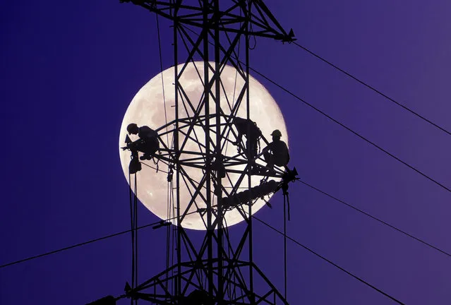 Vision of the Future. People At Work by Jignesh Chavda. Ahmedabad, India, May 2021. Electricians repair a power line in the late evening, after a cyclone hit the city. (Photo by Jignesh Chavda/Environmental Photographer of the Year)