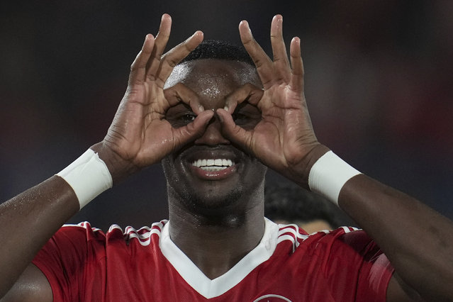 Ricardo Mathias of Brazil's Internacional celebrates after scoring his side's opening goal against Uruguay's Nacional during a Copa Libertadores Group F soccer match at Gran Parque Central stadium in Montevideo, Uruguay, Thursday, May 15, 2025. (Photo by Matilde Campodonico/AP Photo)