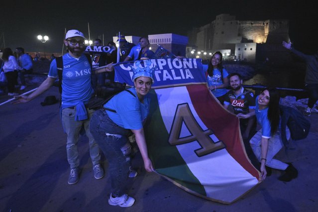 SSC Napoli's supporters celebrate the Scudetto, the trophy of Italian Serie A Championship, at the end of the Italian Serie A soccer match SSC Napoli against Cagliari Calcio in Naples, Italy, 23 May 2025. (Photo by Ciro Fusco/EPA/EFE)