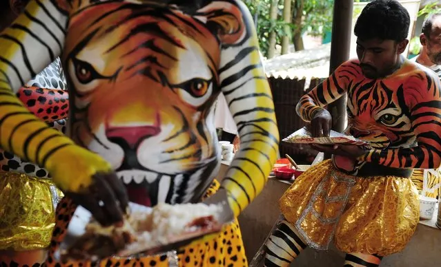 Indian performers wearing body-paint depicting tigers eat lunch as they wait for the artwork to dry as they prepare to take part in the “Pulikali”, or Tiger Dance, in Thrissur on September 17, 2016. (Photo by Arun Sankar/AFP Photo)