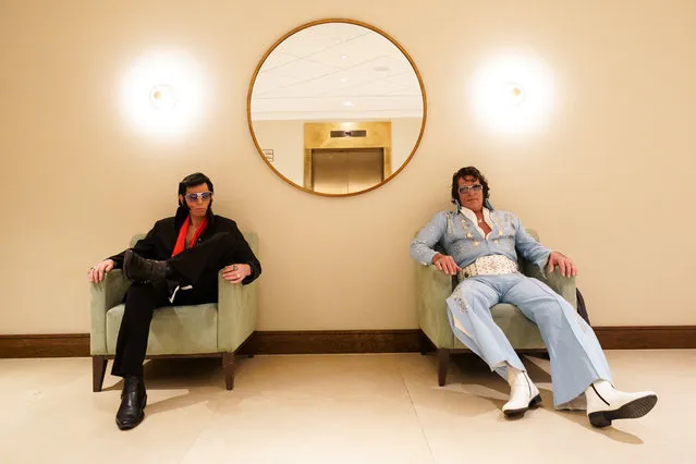 Elvis tribute artists Carl Memphis (L) and Nicolas Hemley pose before taking part in the European Elvis Championships at the Hilton Birmingham Metropole hotel, Birmingham on Friday, January 6, 2023. (Photo by Jacob King/PA Images via Getty Images)