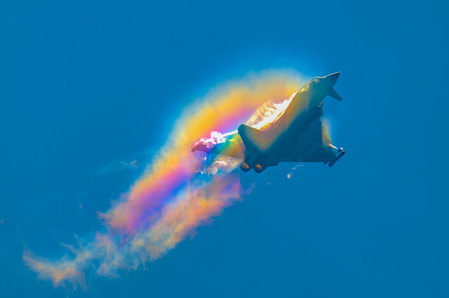 The picture dated May 14, 2025 shows the RAF Typhoon display pilot, Squadron Leader Nathan Shawyer, who has now completed his Public Display Authorisation, rehearsing over RAF Coningsby in Lincolnshire, UK ahead of this year's airshows. The RAF Typhoon display team will be participating in several airshows this year, including the Midlands Air Festival on May 30 and the English Riviera Airshow in Paignton Devon on May 31. (Photo by Claire Hartley/Bav Media)