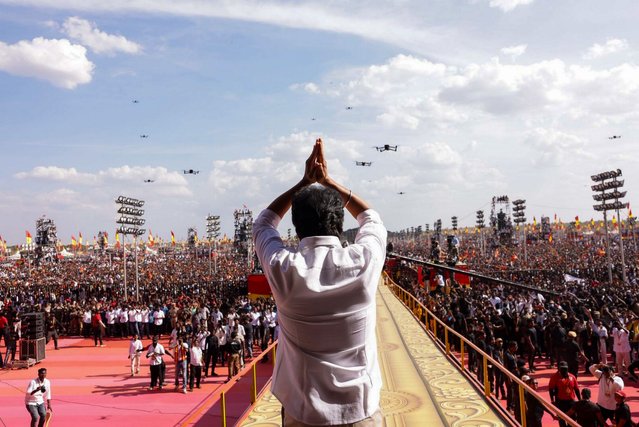 The Tamil actor and political leader Vijay addresses a massive turnout of supporters at the second state conference of his Tamilaga Vettri Kazhagam party in Madurai, Tamil Nadu, India on August 21, 2025. (Photo by Seshadri Sukumar/ZUMA Press Wire/Rex Features/Shutterstock)