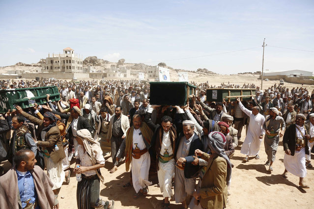A funeral ceremony is held for the Yemenis, who lost their lives in US warplanes' attack on two houses, in Thaqban district of Sanaa, Yemen on May 1, 2025. (Photo by Mohammed Hamoud/Anadolu via Getty Images)